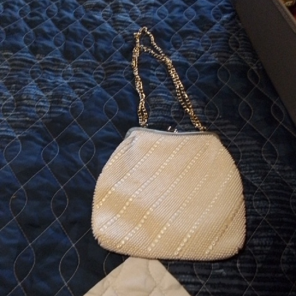 Chic Cream Beaded Clutch with Gold Chain
